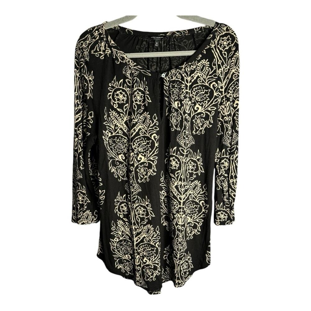 Lucky Brand Black Tan Printed Long Sleeve Tunic Front Cutout Medium